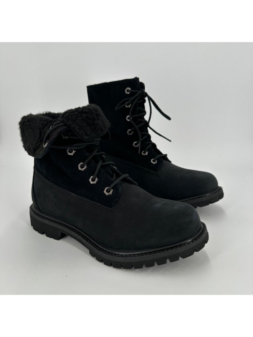 Timberland Authentics Teddy Fleece Fold Down Boots Black Nubuck 6.5 Women's WP